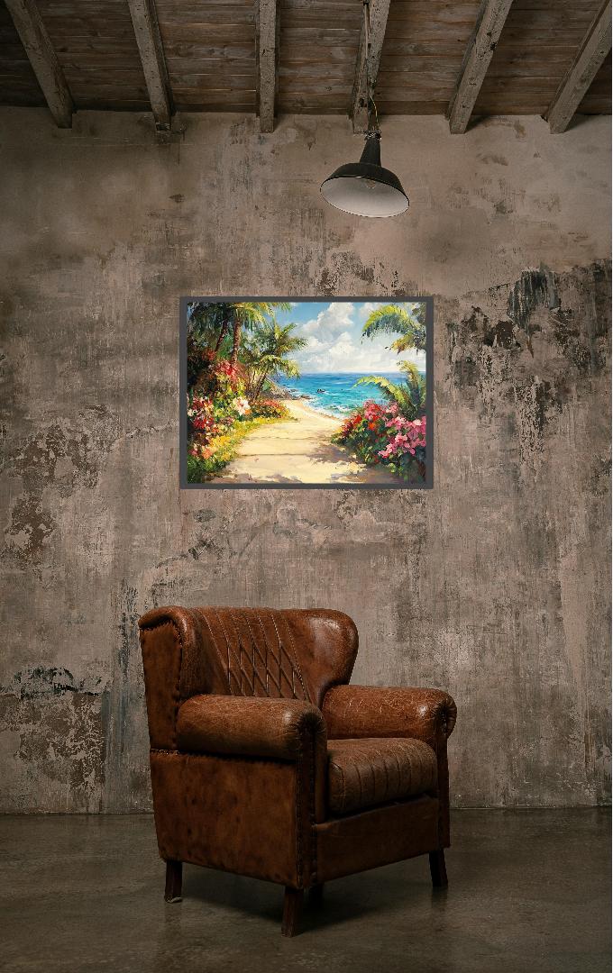 Beautiful Beach With Flowers Oil Painting Digital Printable Wall Art.