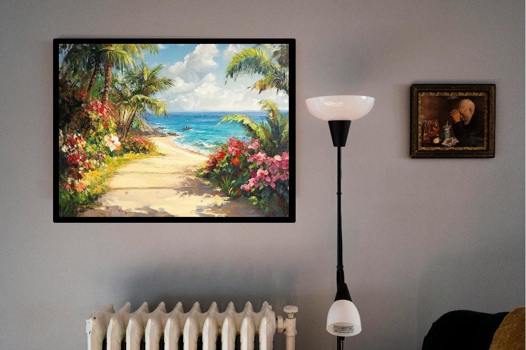 Beautiful Beach With Flowers Oil Painting Digital Printable Wall Art.