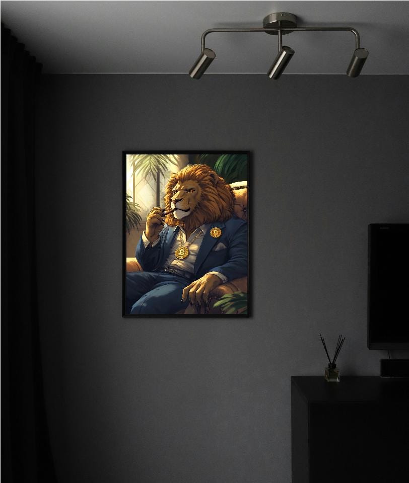 Rich Lion Wearing Bitcoin Pendant Digital Printable Wall Art.