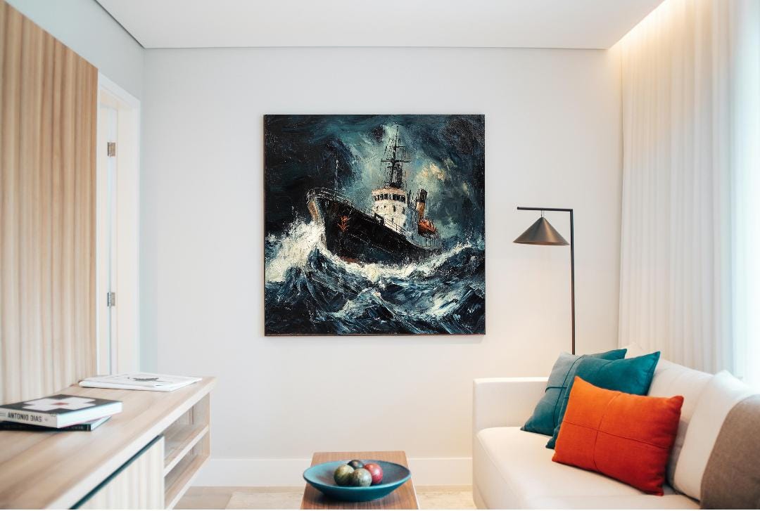 Old Ship In Scary Ocean Digital Printable Wall Art.