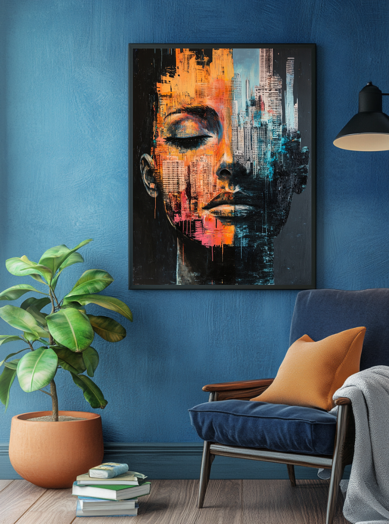 Face With Buildings Painting Digital Printable Wall Art.