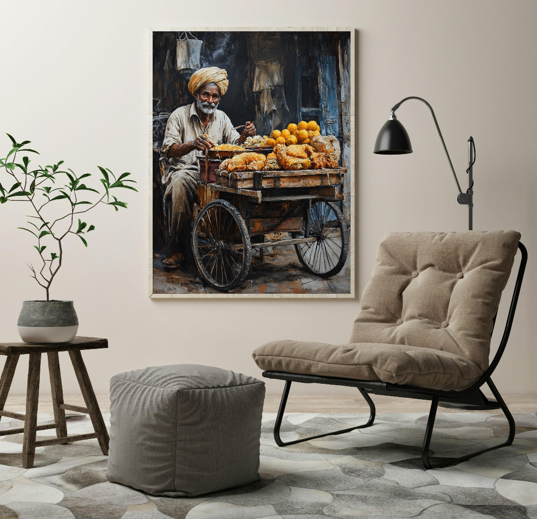 Old Man With His Food Cart Painting Digital Printable Wall Art.