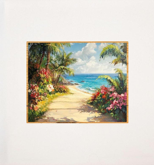 Beautiful Beach With Flowers Oil Painting Digital Printable Wall Art.