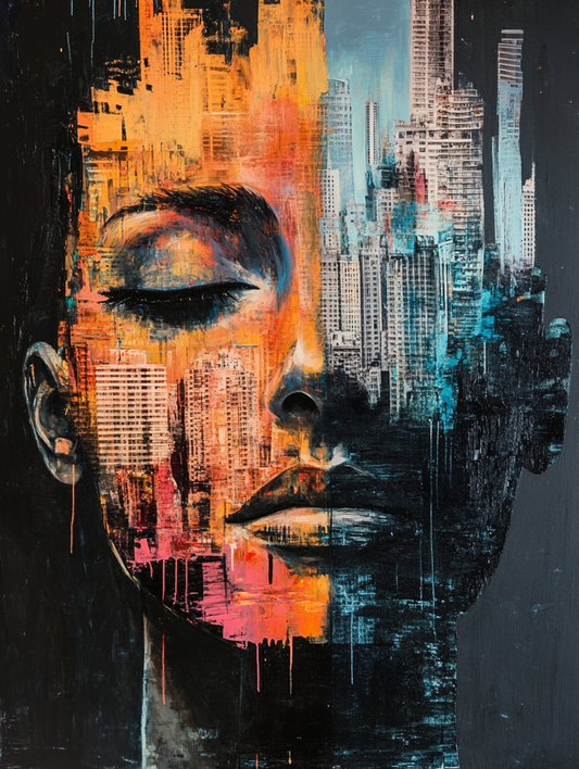 Face With Buildings Painting Digital Printable Wall Art.