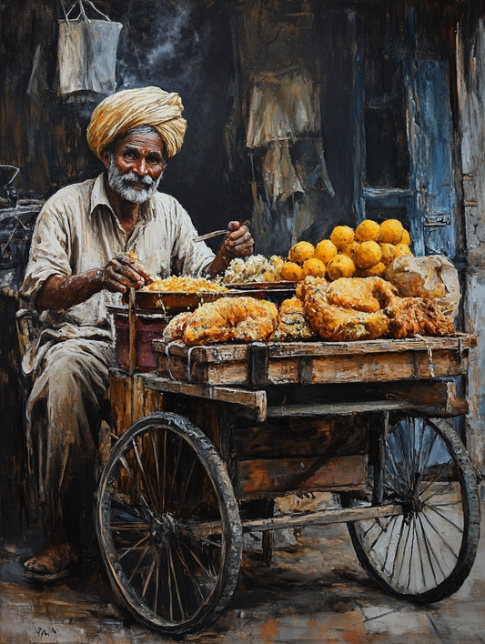 Old Man With His Food Cart Painting Digital Printable Wall Art.